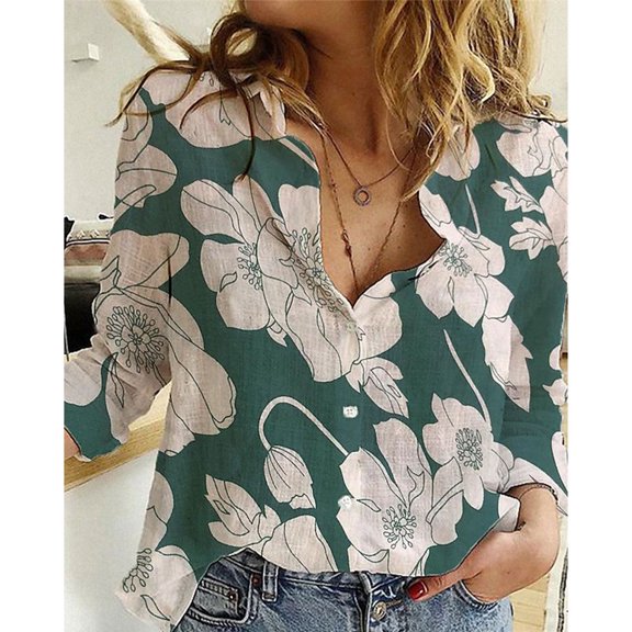 2024 New Elegant Women's Floral Printed Long Sleeve Shirts Spring Basic Lapel Button Down Shirts Breathable Summer Top Plus Size