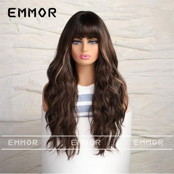 2024 New Export Brown Highlighted Full Bangs Big Wave Long Curly Hair European and American Style Wig Full Head Hairstyle