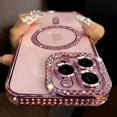thumbnail image 1 of 2024 New Fashion Glitter Diamond Transparent Case For iPhone 16 15 14 Plus 13 12 11 Pro Max Magnetic Wireless Charge Back Cover Pink For iPhone 13 ProMax, 1 of 6