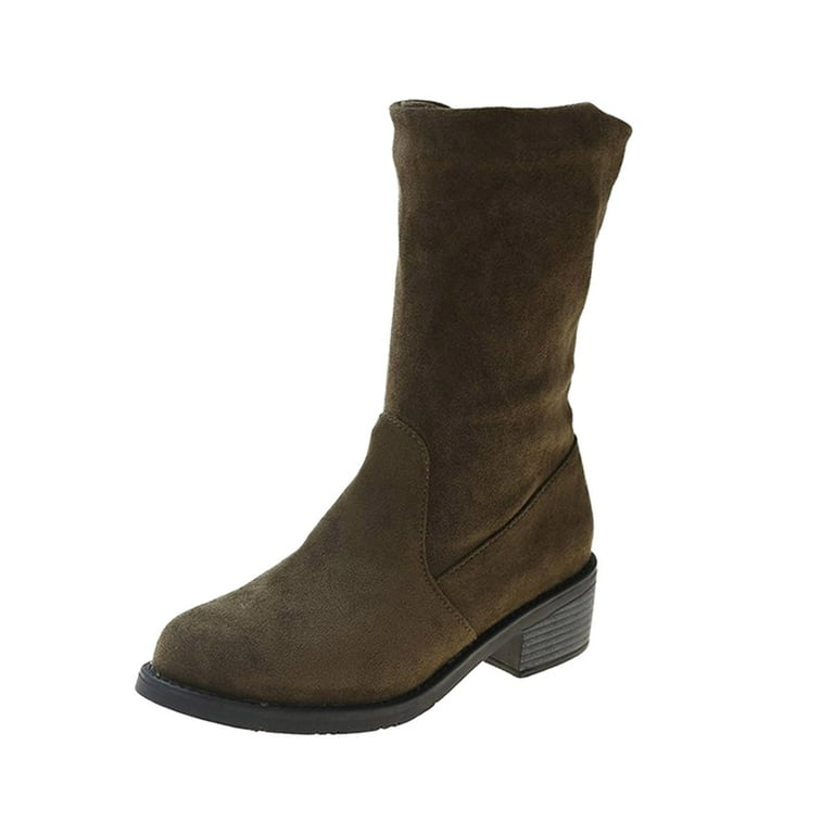 2024 New Fashionable Autumn Winter Women Narrow Calf Boots for Women Boots With Low Heel Skater Socks Women Mid Calf Thick Round Toe Solid Color Cover Slip On Suede Comfortable Rain Boots