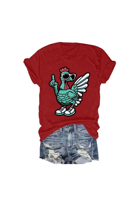 2024 New Fashionable Thanksgiving Green Chicken Print Women's Round Neck Short Sleeve T Shirt Rayon Long Sleeve Shirt Women Technical Shirts Women Loose Fit Athletic Tops for Women Plain Tees for