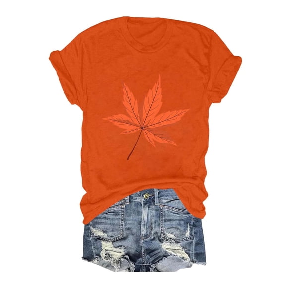2024 New Fashionable Thanksgiving Upward Red Maple Leaf Print Women's Round Neck Short Sleeve T Shirt