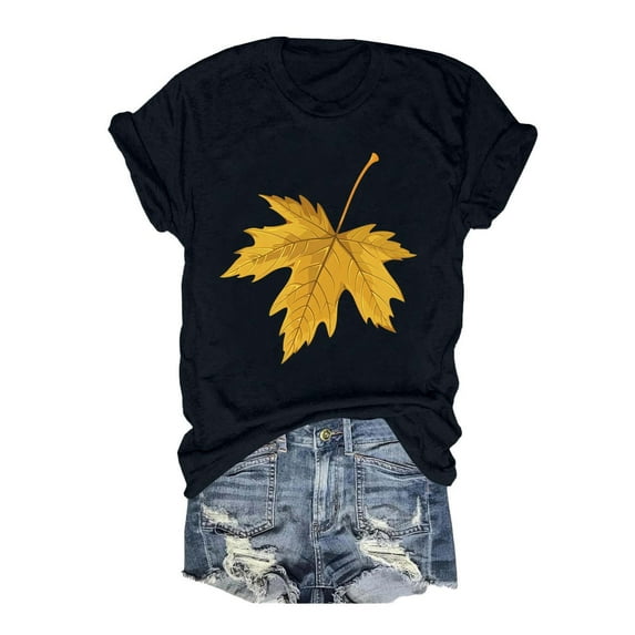 2024 New Fashionable Thanksgiving Yellow Maple Leaf Print Women's Round Neck Short Sleeve T Shirt Women Solid Tee Raglan Short Sleeve Shirt Women Women Long Sleeve Tee Shirt Layering Shirt Women