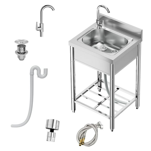 2024 New Free Standing Stainless Steel Kitchen Sink, With 360°Rotating Faucet, Hot and Cold Water Pipes, Storage Rack, Utility Single Bowl Sink for Kitchen, Restaurants, Garages, Outdoor
