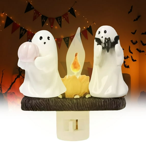 2024 New Ghost Campfire Flickering Nightlight, Ghost Pumpkin Bat Night Light, Halloween Night Lights Plug into Wall, 3D LED Small Electric Faux Campfire Night Light, Halloween Nightlight Decor