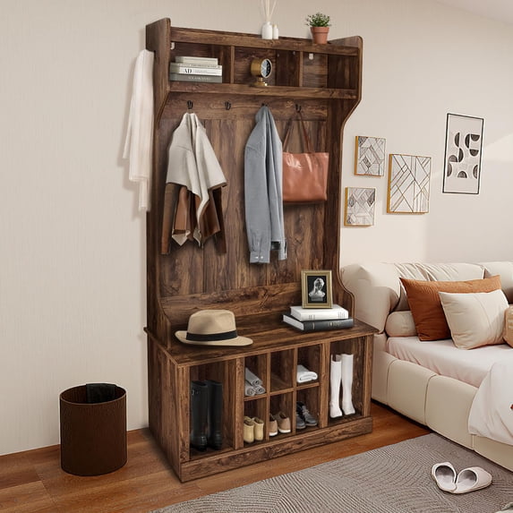2024 New Hall Tree with Bench and Shoe Storage, Entryway Bench with Coat Rack, Mudroom Bench with 8 Open Compartments, Side Hooks & Top Shelf for Hallway, Living Room