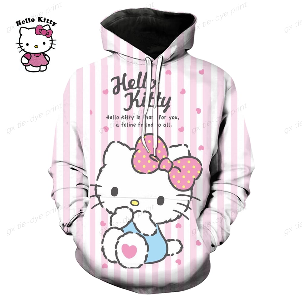 2024 New Hello Kitty Cartoon 3D Print Hoodie Women Funny Hip Hop Hello