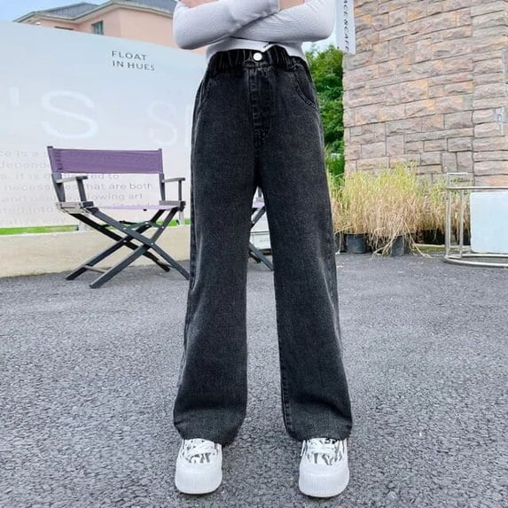 2024 New High Quality Girls Jeans Vintage Denim Wide Leg Pants Kids Clothing Children Casual Solid Trousers For Teenager Clothes
