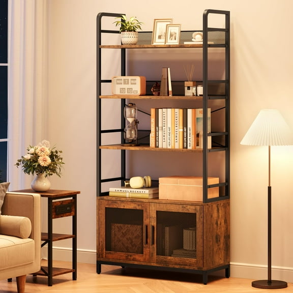 2024 New Industrial Bookshelf with Storage,  Bookcase with Doors Rustic Open Storage Shelf, Farmhouse Display Rack Cabinet Bookshelves, for Bedroom, Living Room, Home Office