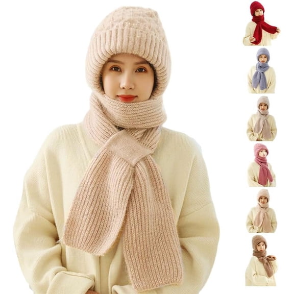 2024 New Integrated Ear Protection Windproof Cap Scarf, Winter Warm Knitting Thick Warm Ear Guard Hat Scarf for Women