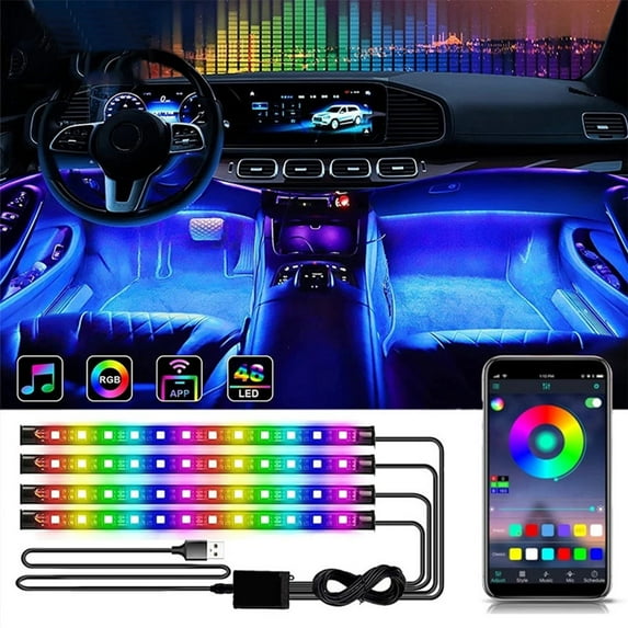 2024 New Interior Car Led Strip Lights, 4Pcs Remote Control Car Led Lights, Multicolor Music Sync Under Dash Led Lights For Car Interior (Usb)
