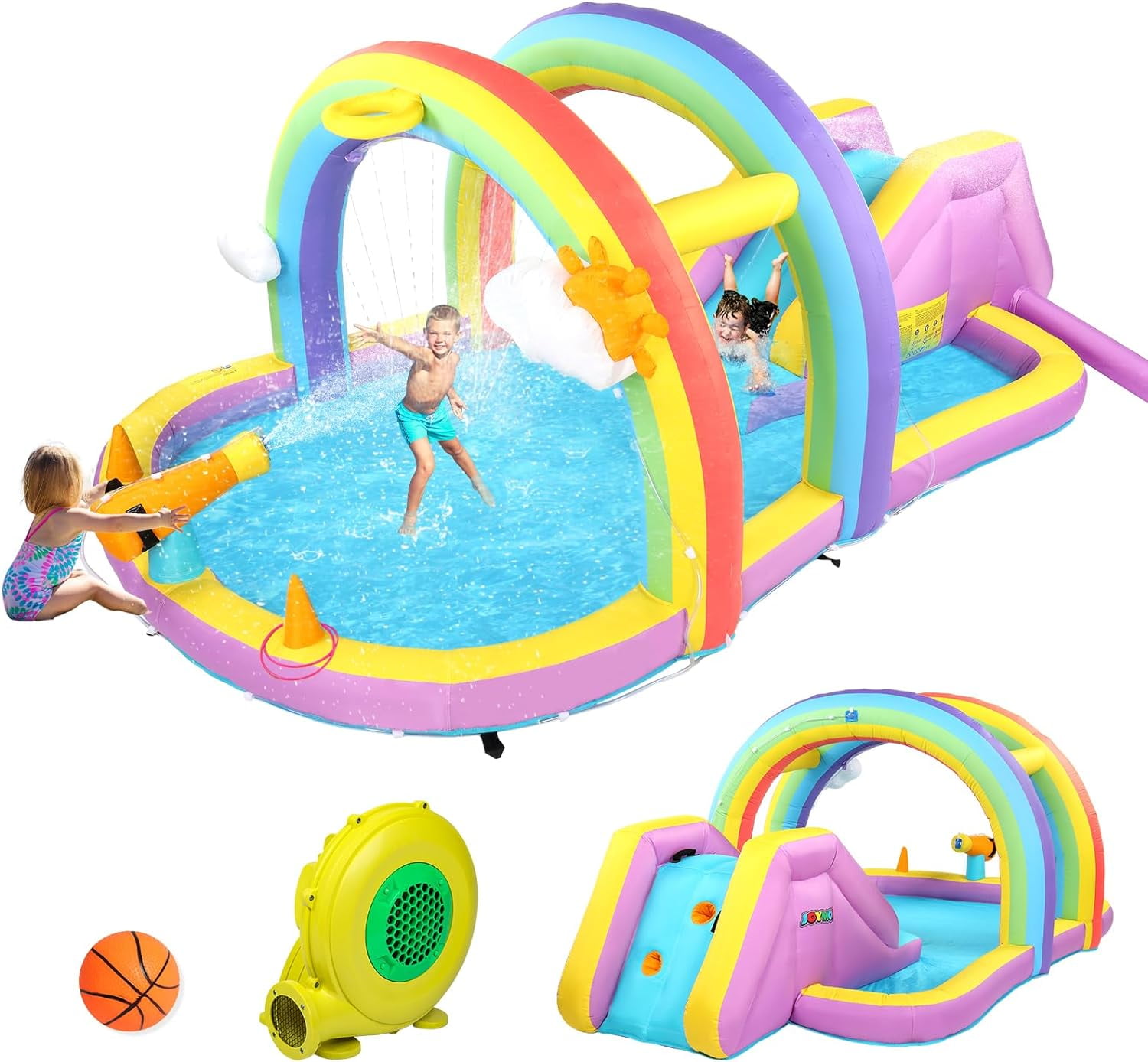(2024 New) JOYMOR Inflatable Water Slide with Blower, Inflatable Kids Water Slide with Climbing Wall, Water Cannon, Splash Pool, Blow Up Water Slide for Kids Backyard Summer Party (Rainbow Style)