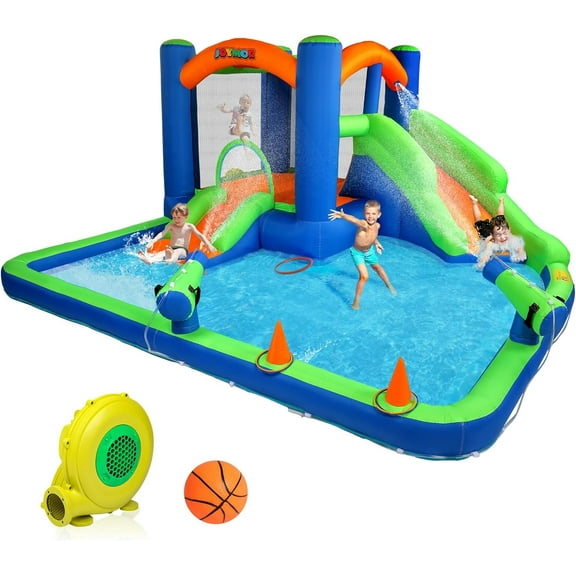 (2024 New) JOYMOR Inflatable Water Slide Bounce House for Kid 3-6, Inflatable Water Slide w/Basketball Hoop, Water Cannon, Ring-Toss Game, Inflatable Water Bounce House w/Slides, Air Blower