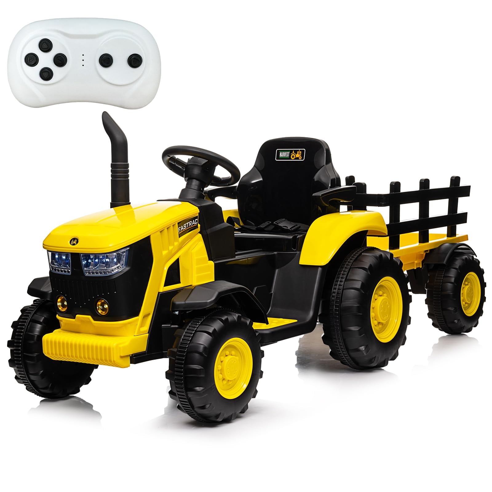 12V Yellow Ride-On Tractor with Detachable Trailer