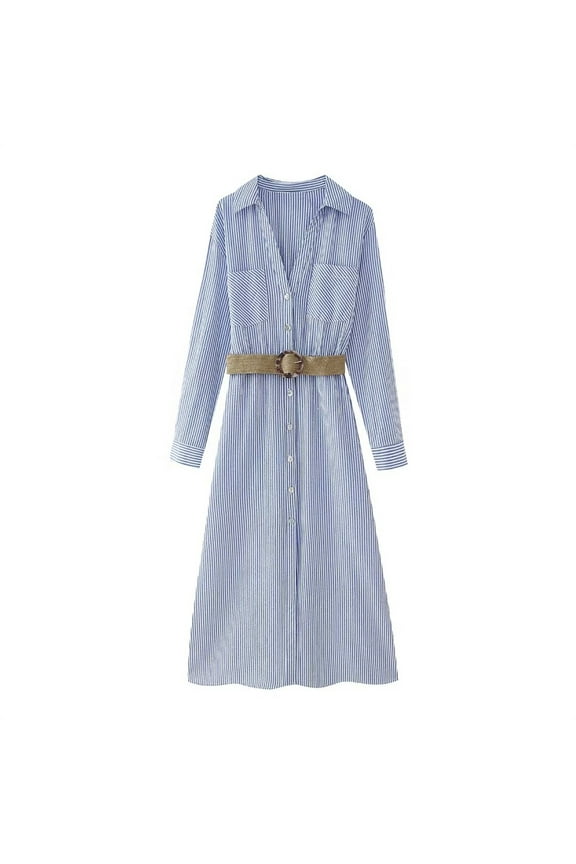 2024 New Launch Women's Blue and White Striped MIDI Dress With Belt Pockets Long Sleeve Office Lady shirtwaist dress