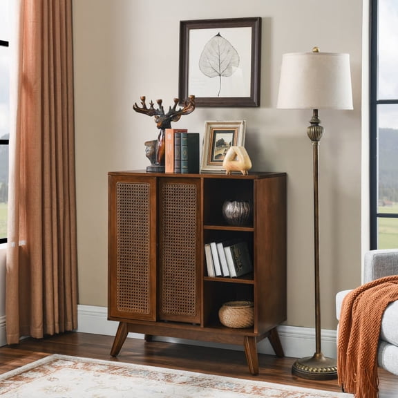 2024 New Mid Century Modern Rattan Buffet Cabinet with Adjustable Shelf, Solid Wood Feet & Rattan Cabinet Doors, for Living Room Kitchen Dining Room Bedroom