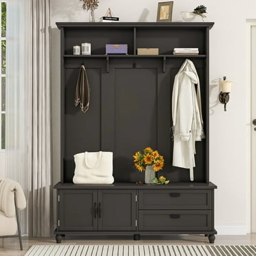 KTENME Modern Style Hall Tree With Storage Cabinet 2 Large Drawers Widen Mudroom Bench With 5 Coat Hooks For Entryway Living Room