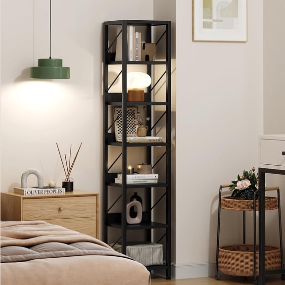 2024 New Narrow Bookshelf 6 Tier Tall Bookcase, Skinny Storage Rack Rustic Shelf Metal Frame Small Freestanding Bookshelves Industrial Display Stand, for Bedroom, Living Room, Home Office