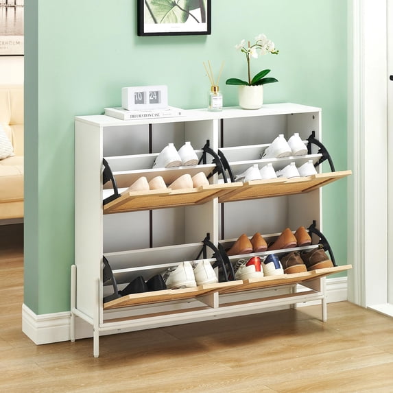 2024 New Natural Rattan 4 Flip Door Shoe Cabinet Organizer Freestanding, Modern Shoe Rack Storage Organizer with 3-Tier Adjustable Shelves for Entryway, Closet, Hallway
