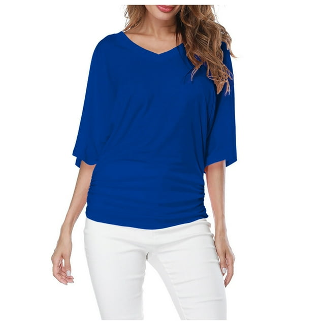 2024 New Plus Top V Neck Sleeve Batwing Loose T Shirt Size Fold Hem