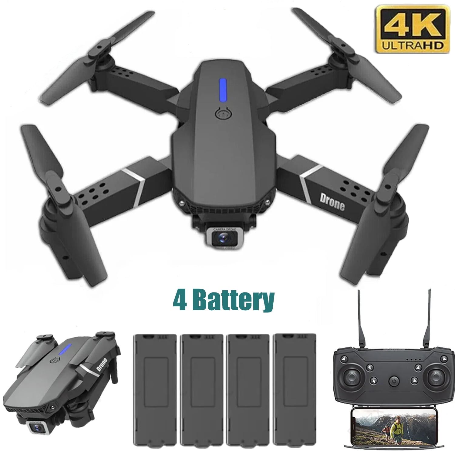2024 New RC Drone With 4K HD Dual Camera WiFi FPV Foldable Quadcopter 4 Battery Walmart