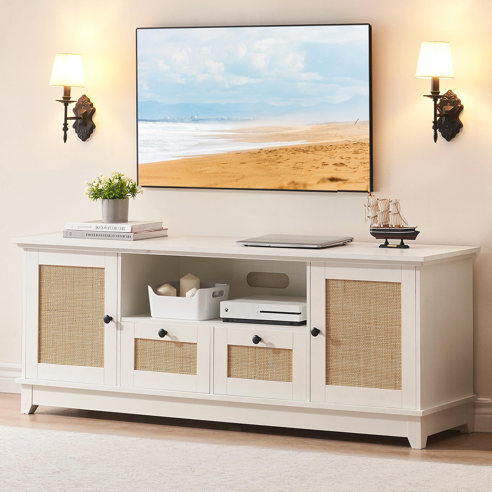 2024 New Rattan TV Stand for 70 Inch TV Modern Entertainment Center Boho TV Console with 2 Cabinets Drawer White TV Stand with Storage Media Console Cabinet for Living Bedroom Walmart