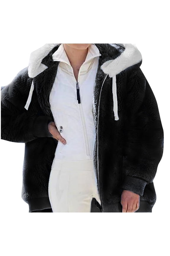 2024 New Rcontrasting Lamb Wool Padded Coat Sherpa Hoodie Lined Jacket Women Faux Fur Shearling Fleece Zip Shacket