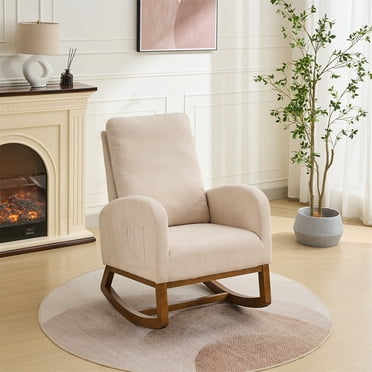 2024 New Rocking Chair with Side Pockets and High Backrest, Glider Recliner Nursery Chair with Rubber Wood Legs, Modern Upholstered Reading Accent Chair for Living Room