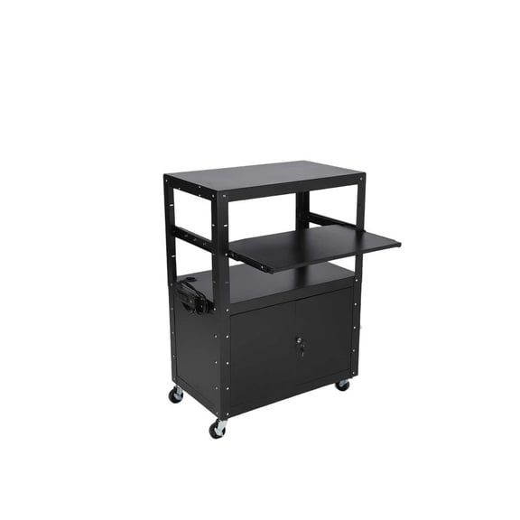 2024 New Rolling AV Cart with Locking Cabinet, Laptop Stand, and Drop Leaves, Height Adjustable Mobile Utility Cart Workstation with Extra Storage Space, Power Strip