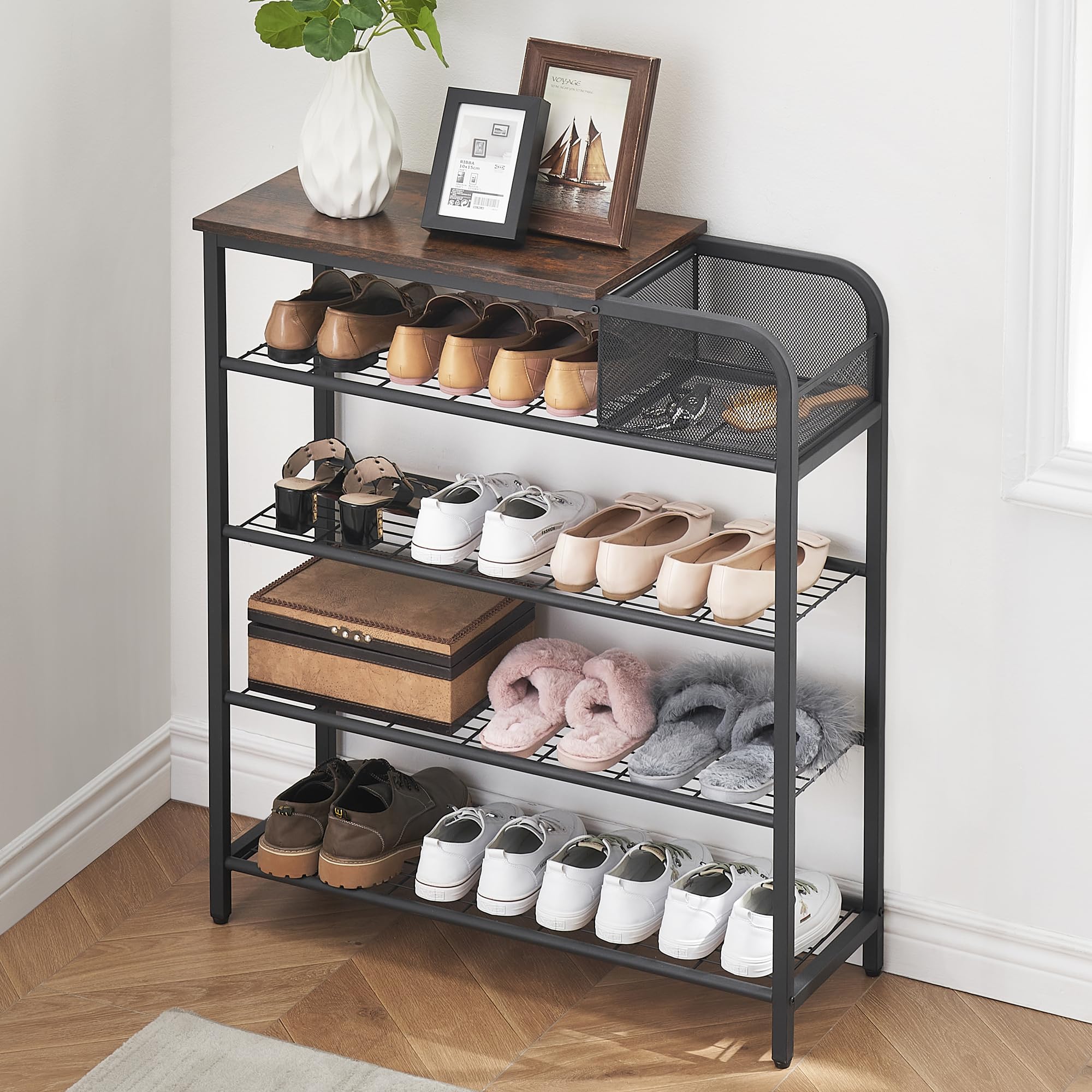2024 New Shoe Rack for Closet with Mesh Storage Basket, 5 Tier Shoe