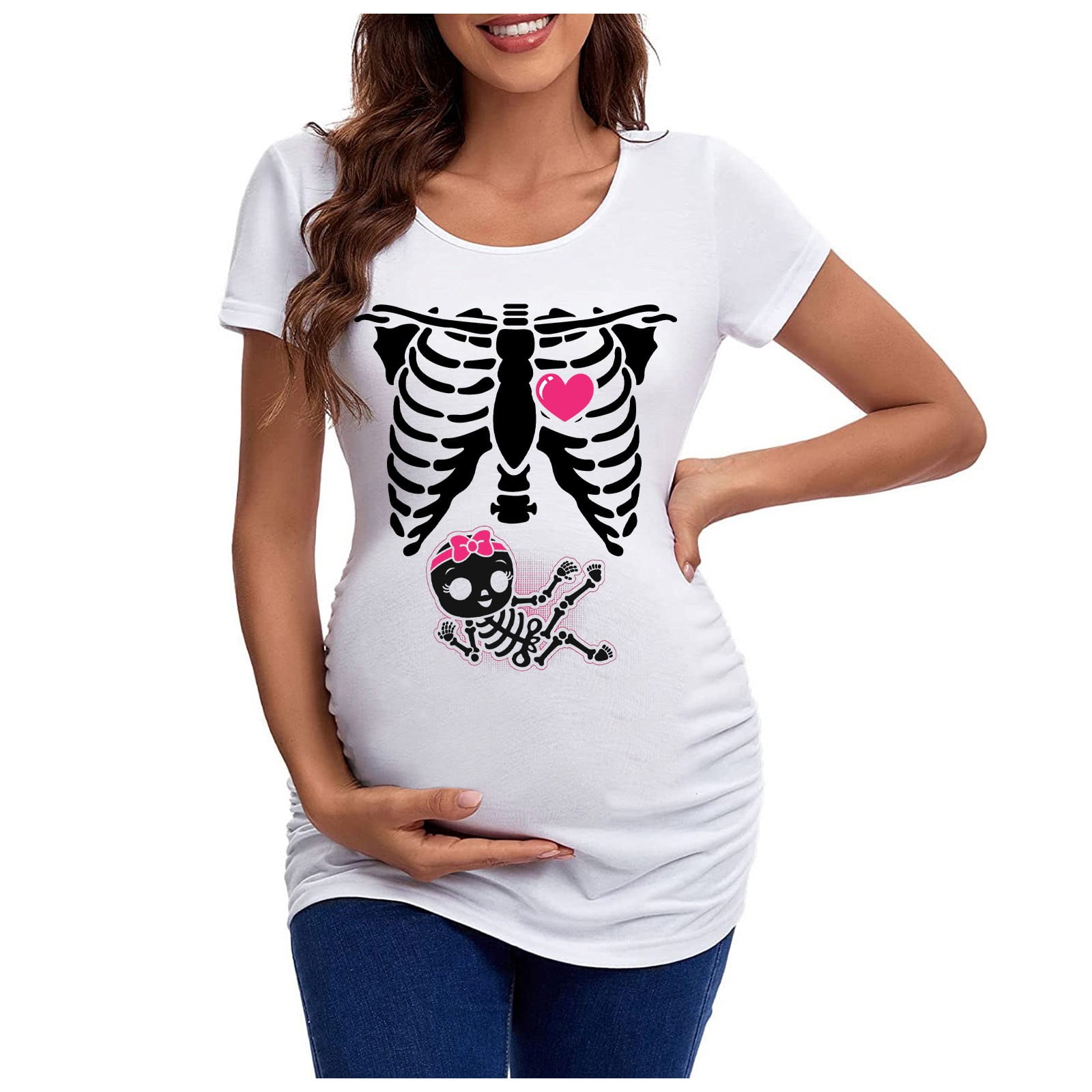 2024 New Skeleton Tee Shirt Halloween Pregnant Women's Teasing T Shirt
