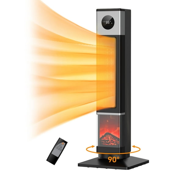 2024 New Space Heater for Large Room, 33" 1500W PTC Ceramic Heater with 3D Flame Effect, Heat Up 200 Square Feet, Tower Heater for Indoor Use, 90°Oscillating With Remote, for Living Room,Bedroom