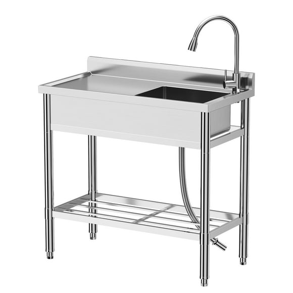 2024 New Stainless Steel Sink, Freestanding Single Sink Commercial Kitchen Sink Set with Worktop Faucet, Commercial Single Bowl Kitchen Prep and Utility Sink for Garage, Restaurant