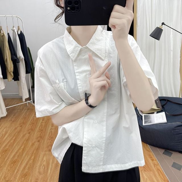 2024 New Summer Elegant Fashion Korean Style Women s Shirt Retro Loose Casual Solid Color Irregular Lapels Short Sleeve Tops Walmart