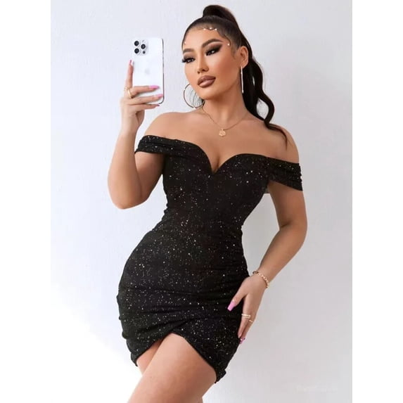 2024 New Summer Glitter Off Shoulder Mini Dress For Women Clothing Backless Sexy Party Club Dresses Slim Ruched Bodycon Vestidos