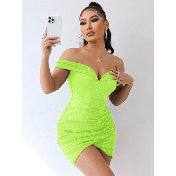 2024 New Summer Glitter Off Shoulder Mini Dress For Women Clothing Backless Sexy Party Club Dresses Slim Ruched Bodycon Vestidos