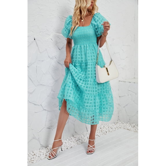 2024 New Summer Long Dress Puff Short Sleeve Flowy Layered Beach A-Line Skirt