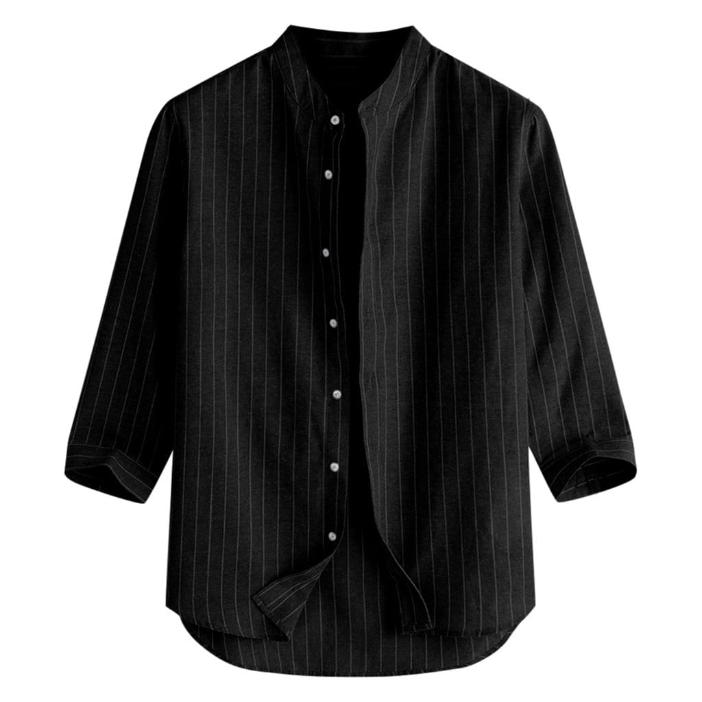 2024 New Summer men's casual striped No Button Dress Shirt stand collar