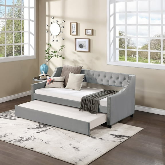 2024 New Twin Size Platform Bed Frame with Plush Buttons, Casters Upholstered Tufted Platform Bed Frame for Bedroom, Office, No Box Spring Required