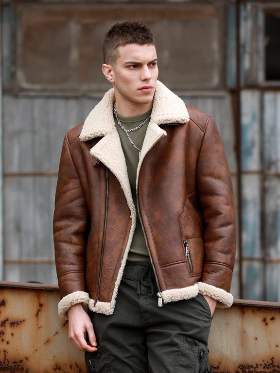 2024 New Winter Fashion Men's Short Coat Natural Real Leather Jacket for Male Sheepskin Lambskin Shearling Wool Liner Brown Plus Size for over weight 100kgs,Brown,60