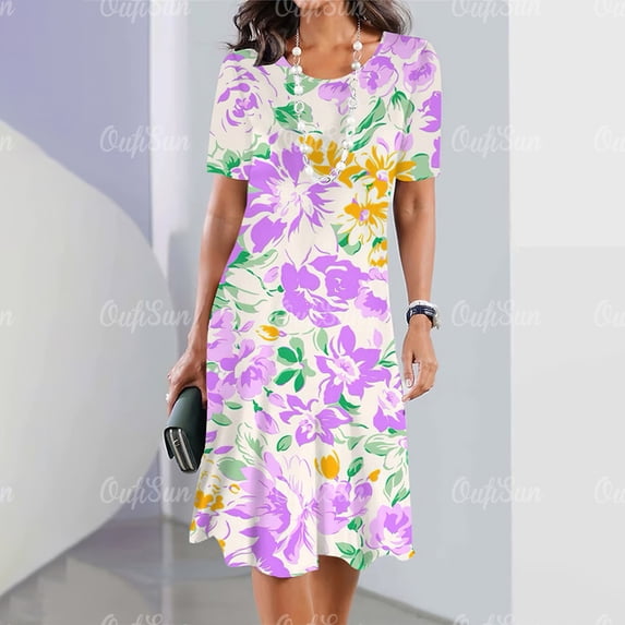 2024 New Women‘s Dresses Floral Printed Summer Elegant Midi Dresses Feamle Short Sleeve Dress Fashion Oversized Clothes