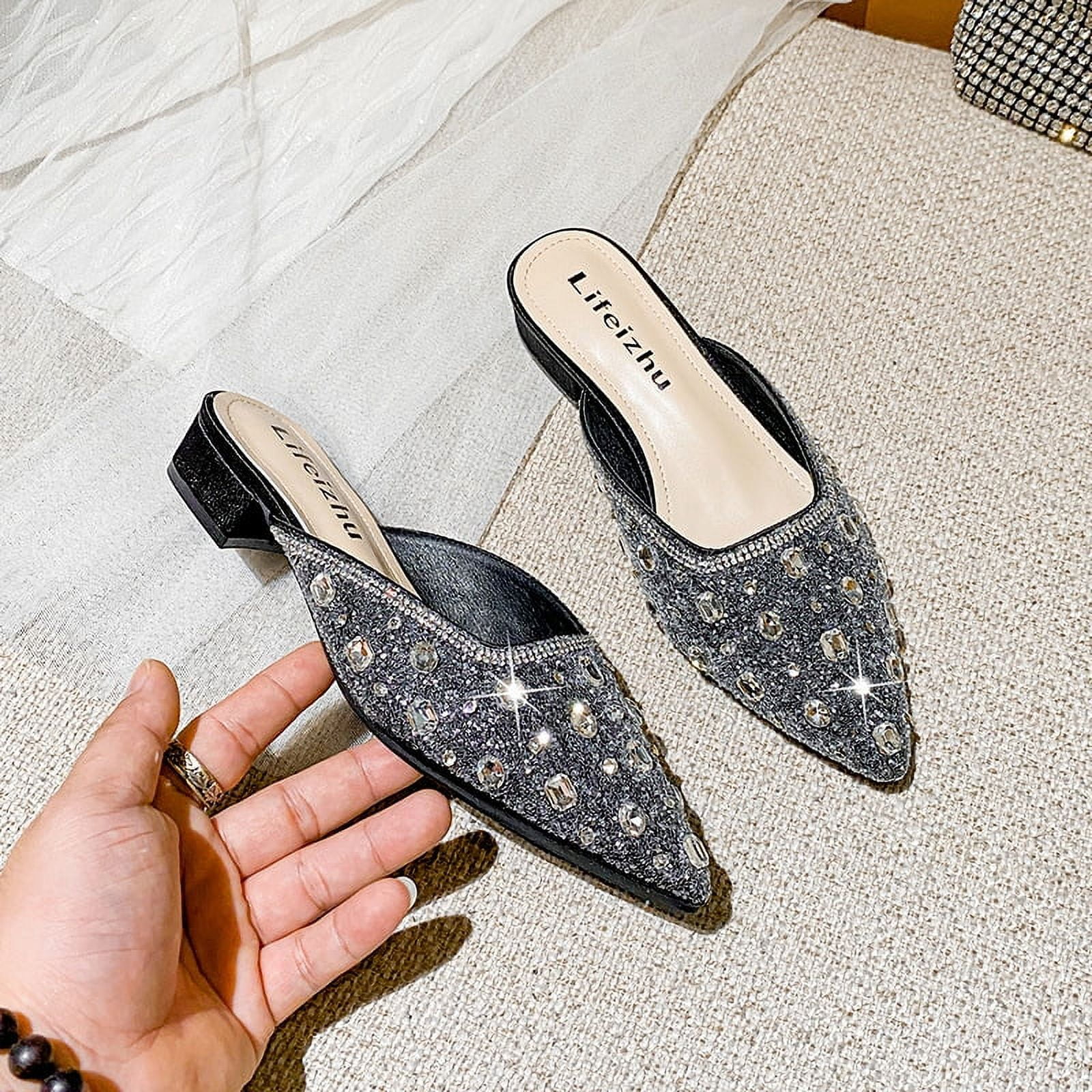 2024 New Women's Rhinestone Pointed Toe Mules Soft Memory Foam Insole
