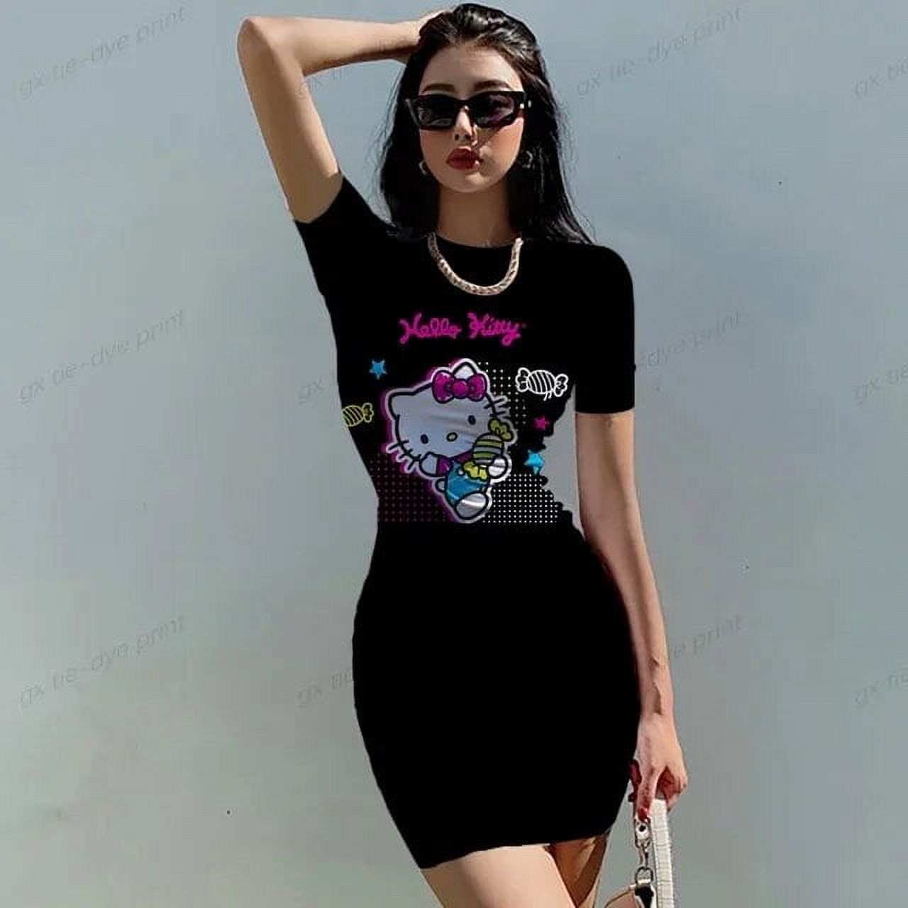 2024 New Women‘s Summer Short Sleeve Hello Kitty Print Slim Bodycon ...