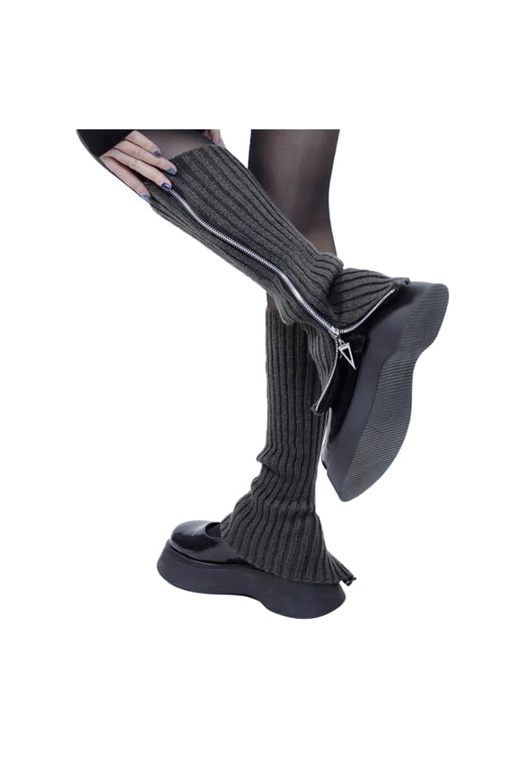 2024 New Womens Leg Warmers Gothic Fleece Leg Warmers Punk Ribbed Knitted Leg Warmers for Women Wide Calf Warmers Side Zipper Up Solid Color Boot Socks Student Knee High Foot Cover Winter Sock Chris