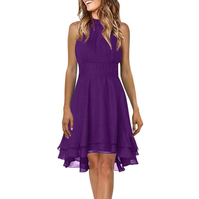 2024 New Womens Summer Casual Solid Mid Length Dress Halter Neck Button ...