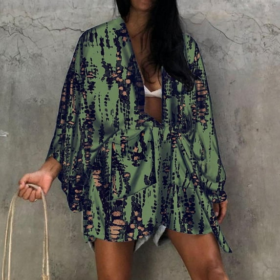 2024 New Year Reset AXXD Beach Cover Ups For Women 2024 Print Chiffon Beach Kimono Long Cardigan Blouse Shawl Loose Tops Cover Up