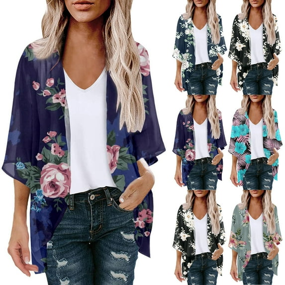 2024 New Year Reset AXXD Black Swimsuit Cover Up Women Kimono Cover up Summer Floral Print Puff Sleeve Loose Trendy Tops