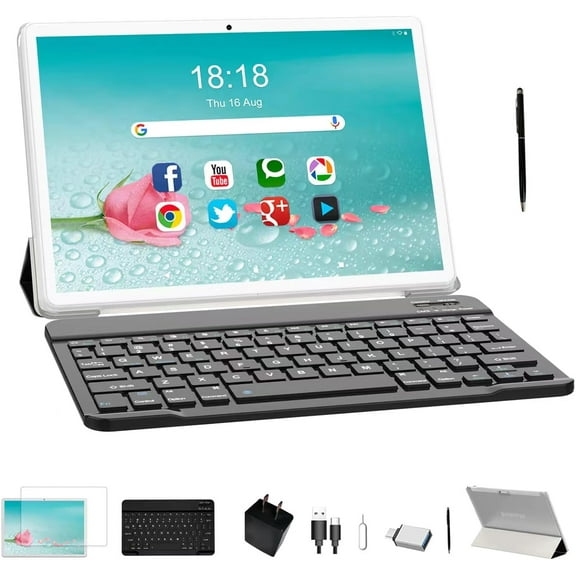 2024 Newest 2 in 1 Tablet, 10 inch Tablet, 128GB Storage, 1TB Expand, Octa- Core Android Tablet, Dual Camera 13MP, 2.4G/5G WiFi Tablet, IPS FHD, with Stylus, Keyboard, Case, Bluetooth 5.0