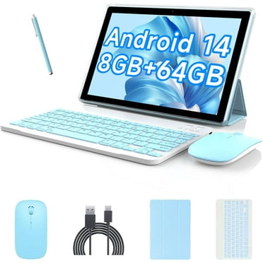 2025 Newest Android 14 Tablet, 10 inch 8GB RAM+64GB ROM 2 In 1 Tablet with Keyboard Case Mouse Stylus, 1.8GHz Quad-Core Processor, 1280*800 HD Touch Screen, 8MP Dual Camera, Games, Wi-Fi, BT Tablet