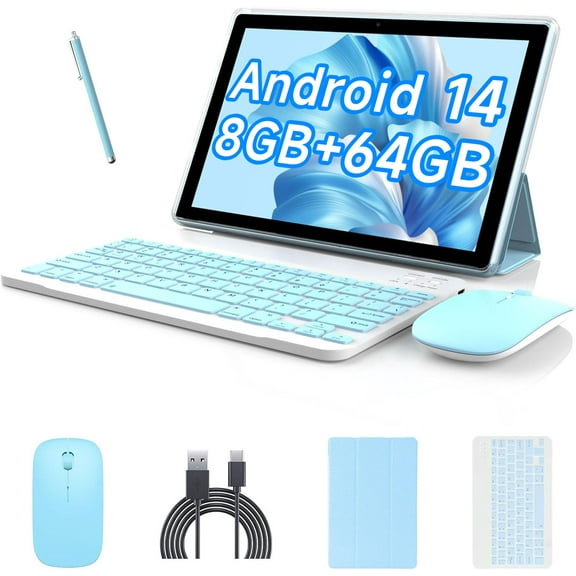 2025 Newest Android 14 Tablet, 10 inch 8GB RAM+64GB ROM 2 In 1 Tablet with Keyboard Case Mouse Stylus, 1.8GHz Quad-Core Processor, 1280*800 HD Touch Screen, 8MP Dual Camera, Games, Wi-Fi, BT Tablet